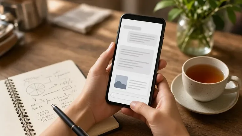 Hands holding a phone with an AI chat answer and a small ad card below it